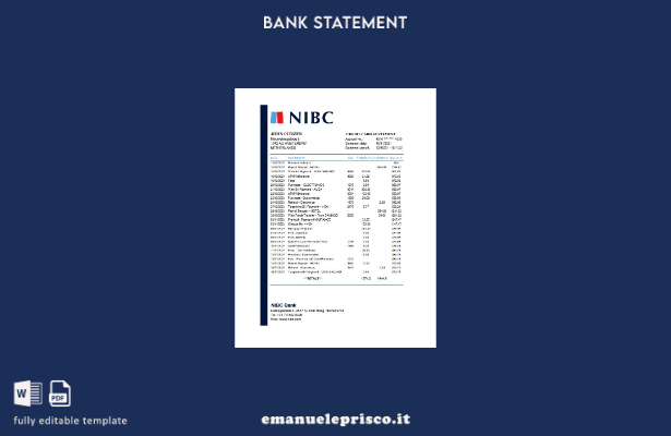 Modello Excel di estratto conto bancario NIBC olandese in stile verificato